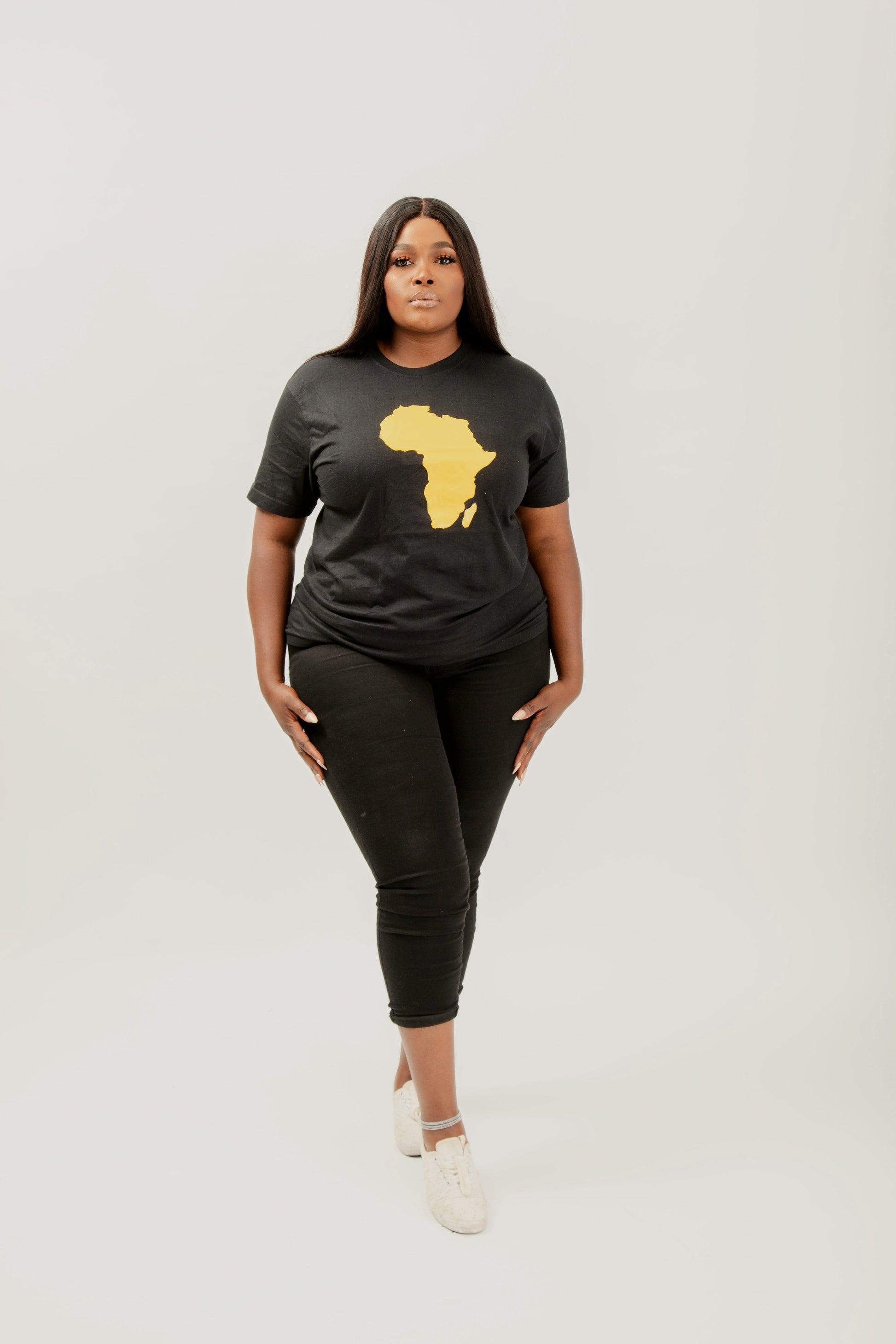 Model Emma in Agwara African Map Unisex Tshirt (Full view)