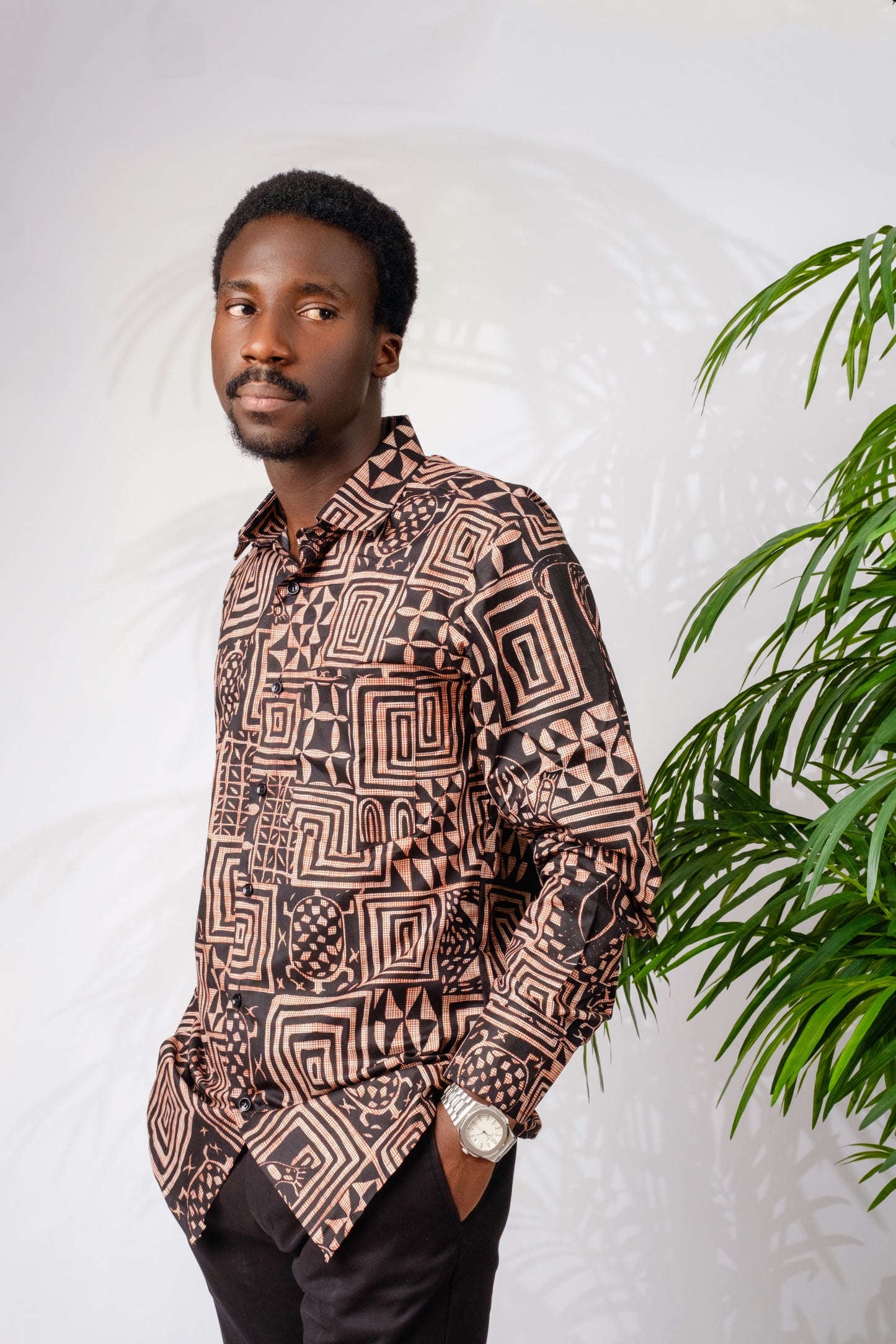 Brown tribal African print (Ankara) long sleeves men's shirt 