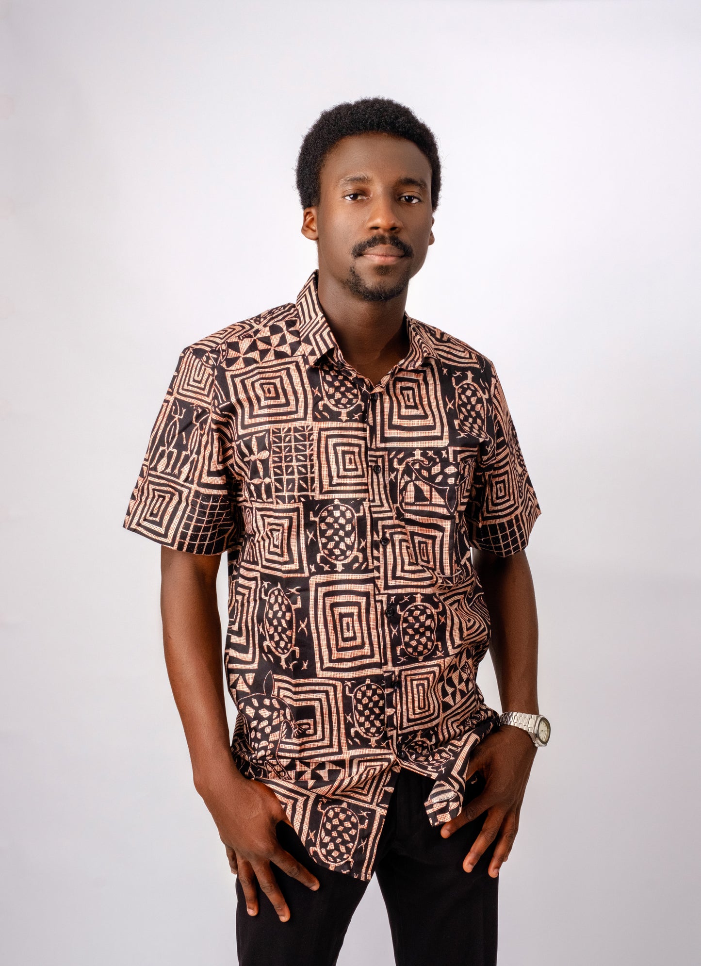 Brown tribal African print (Ankara) short sleeves men's shirt 