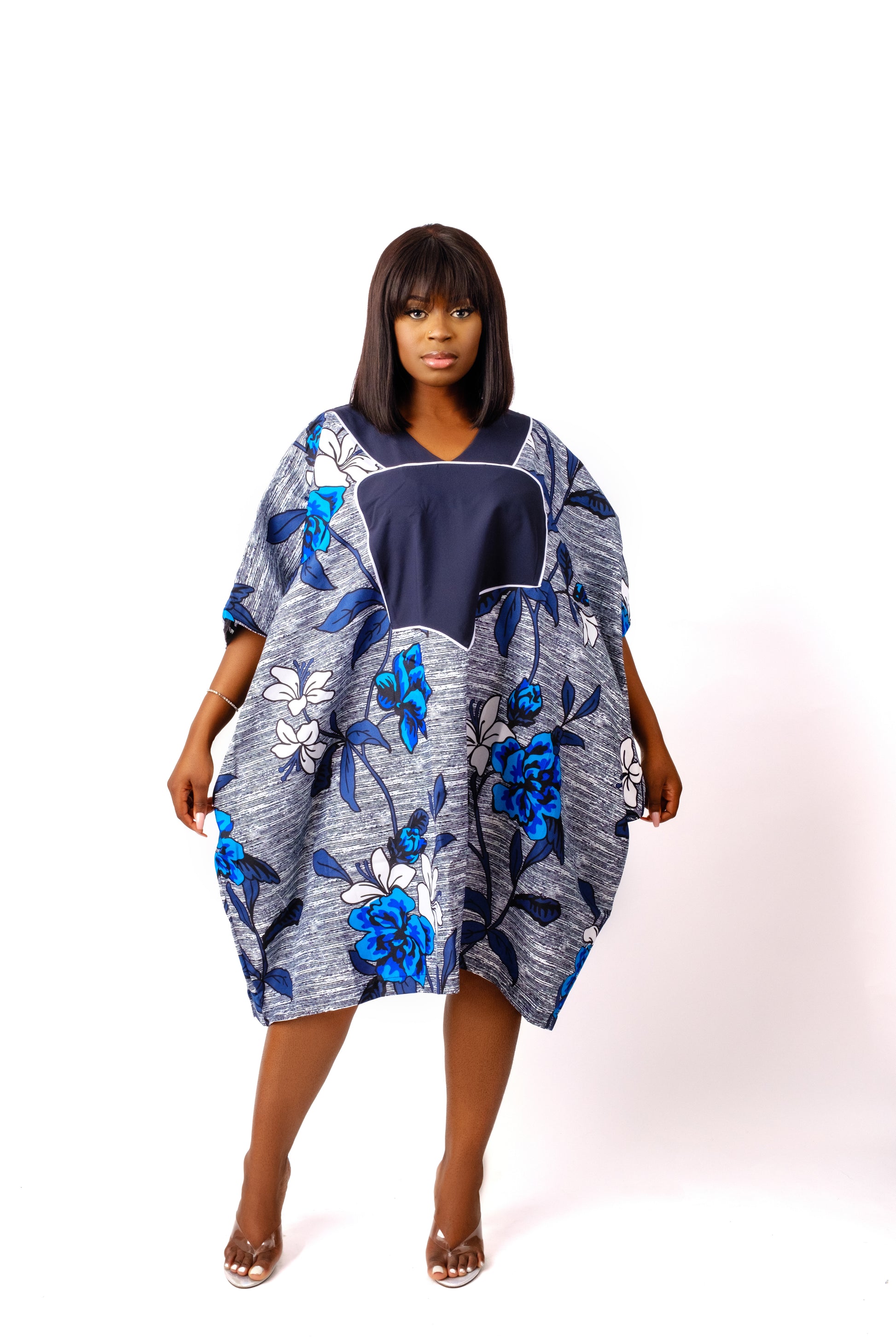Blue ankara/african print agbada dress. Also described as Dashiki, Bubu/Boubou or Tunic style  
