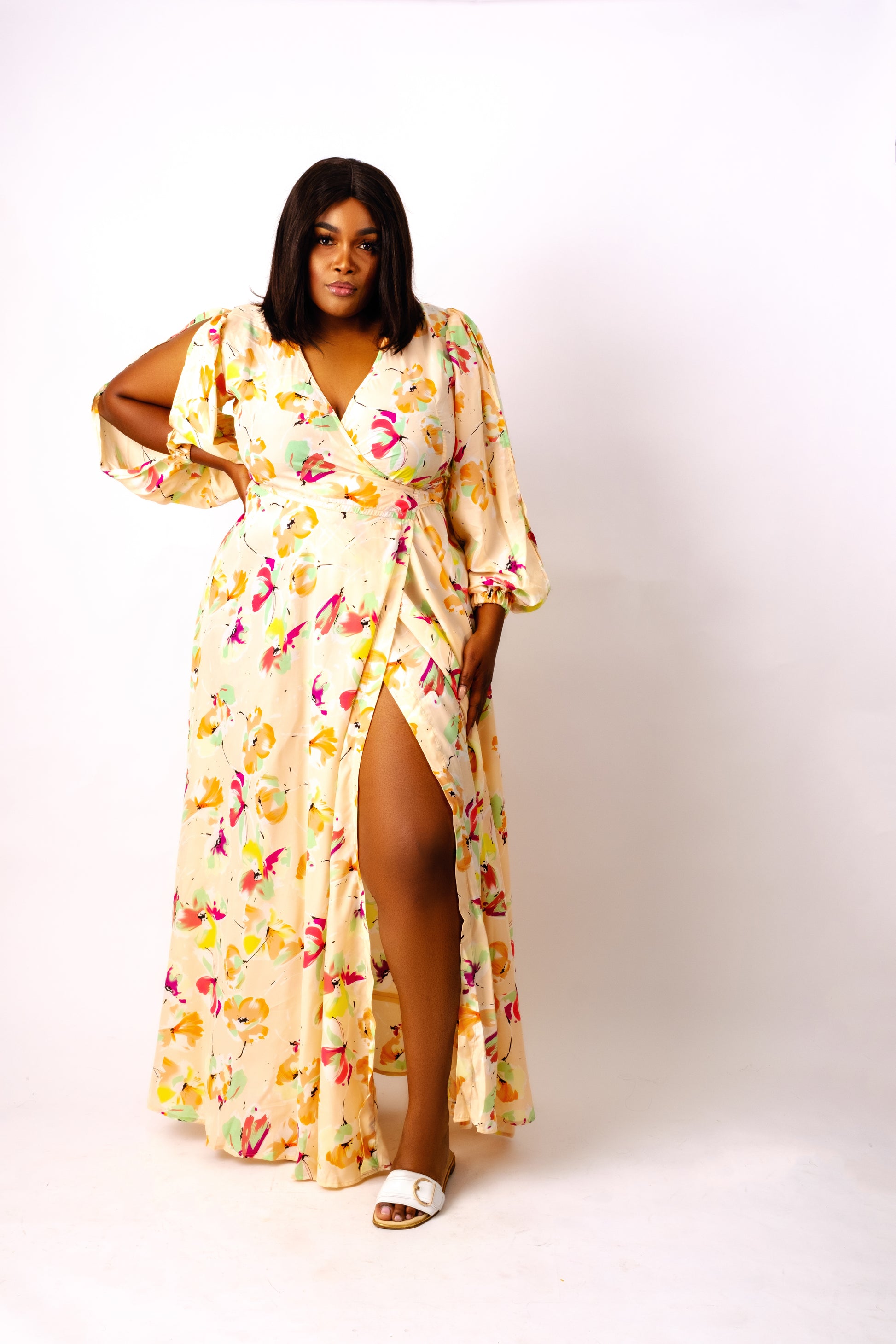 Peach light chiffon floral long/maxi wrap dress featuring a V-neckline and long split sleeves.
