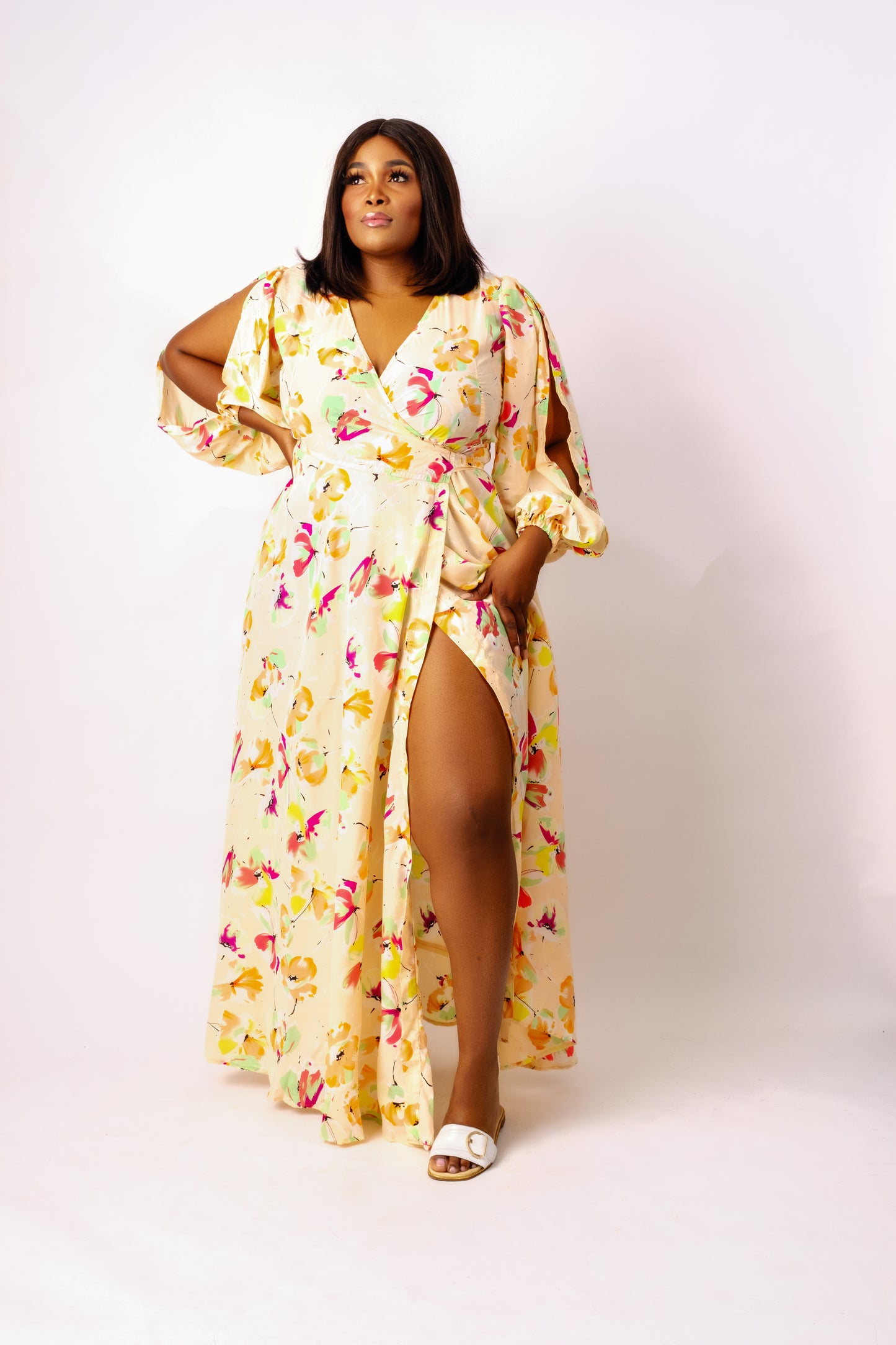 Peach light chiffon floral long/maxi wrap dress featuring a V-neckline and long split sleeves.