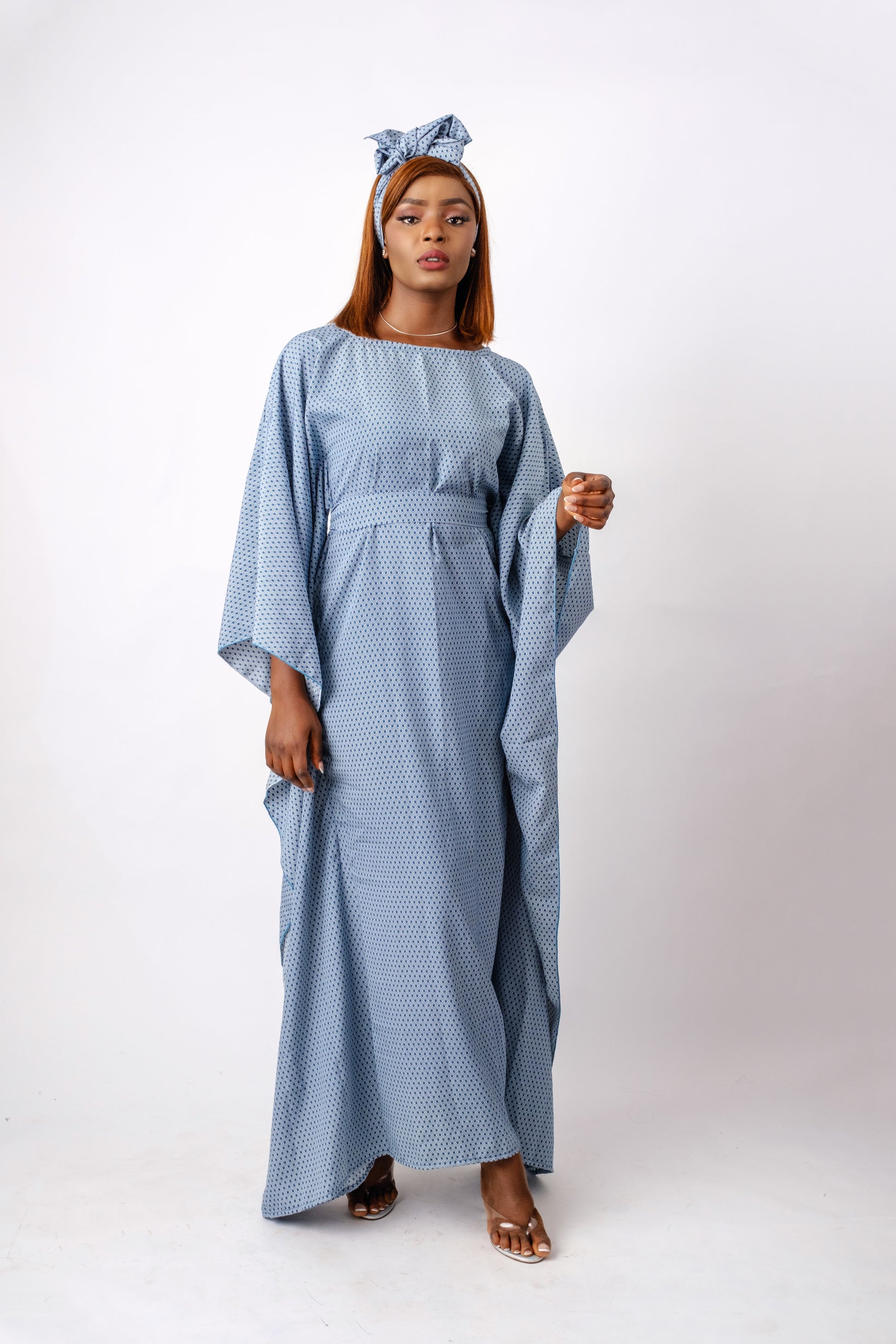 Blue & white long-sleeved, tight-fitting Maxi kaftan made with chiffon fabric 