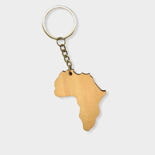 key chain/bag charm made of wood in the shape of a map of Africa
