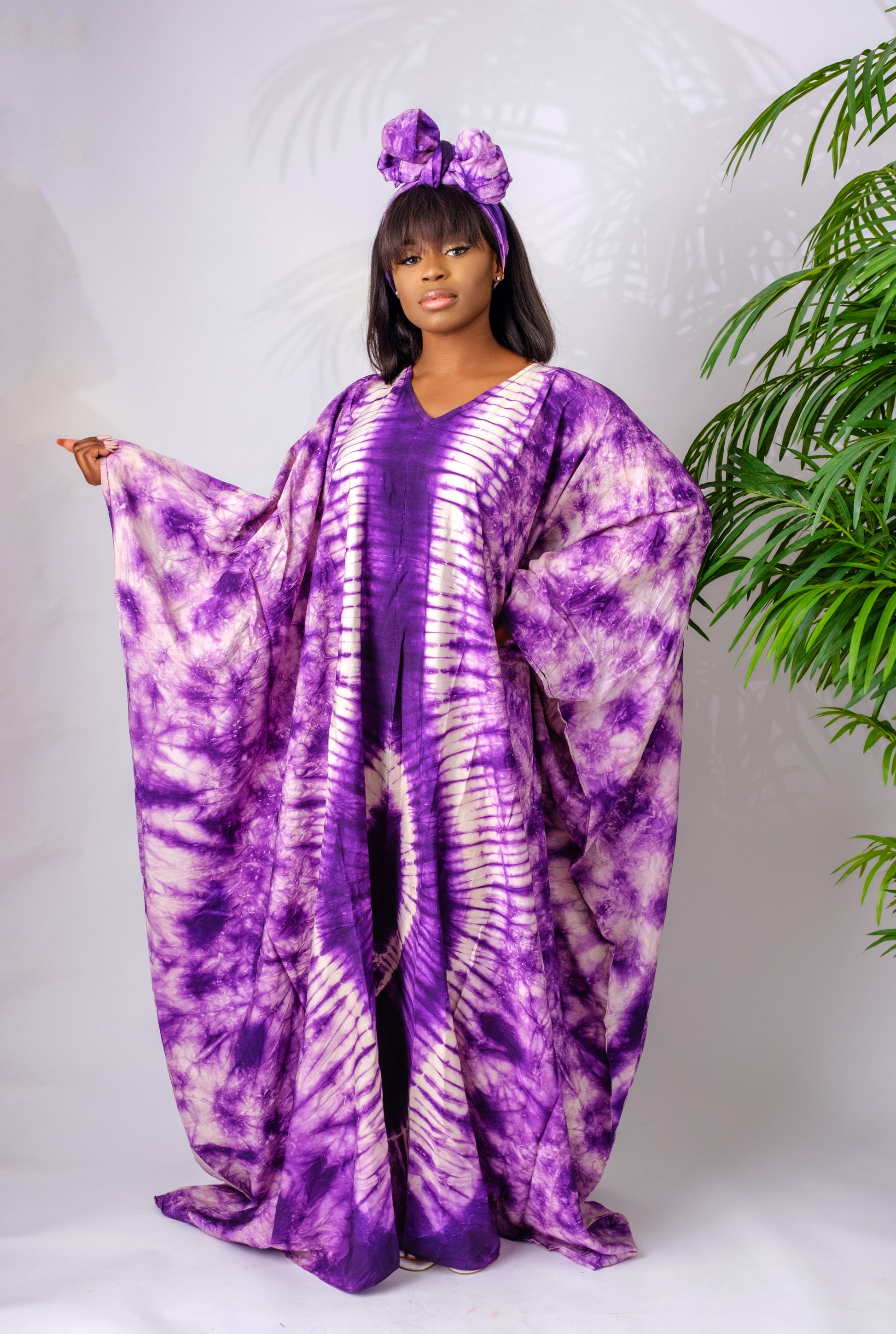 Purple silky Adire (tie-dye) maxi kaftan/bubu with matching headwrap/scarf