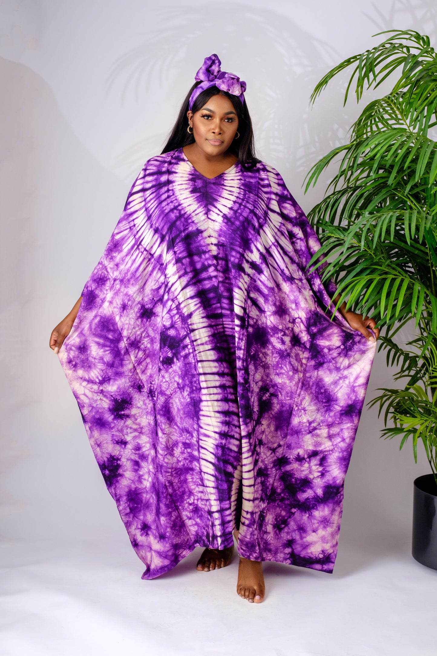 Purple silky Adire (tie-dye) maxi kaftan/bubu with matching headwrap/scarf