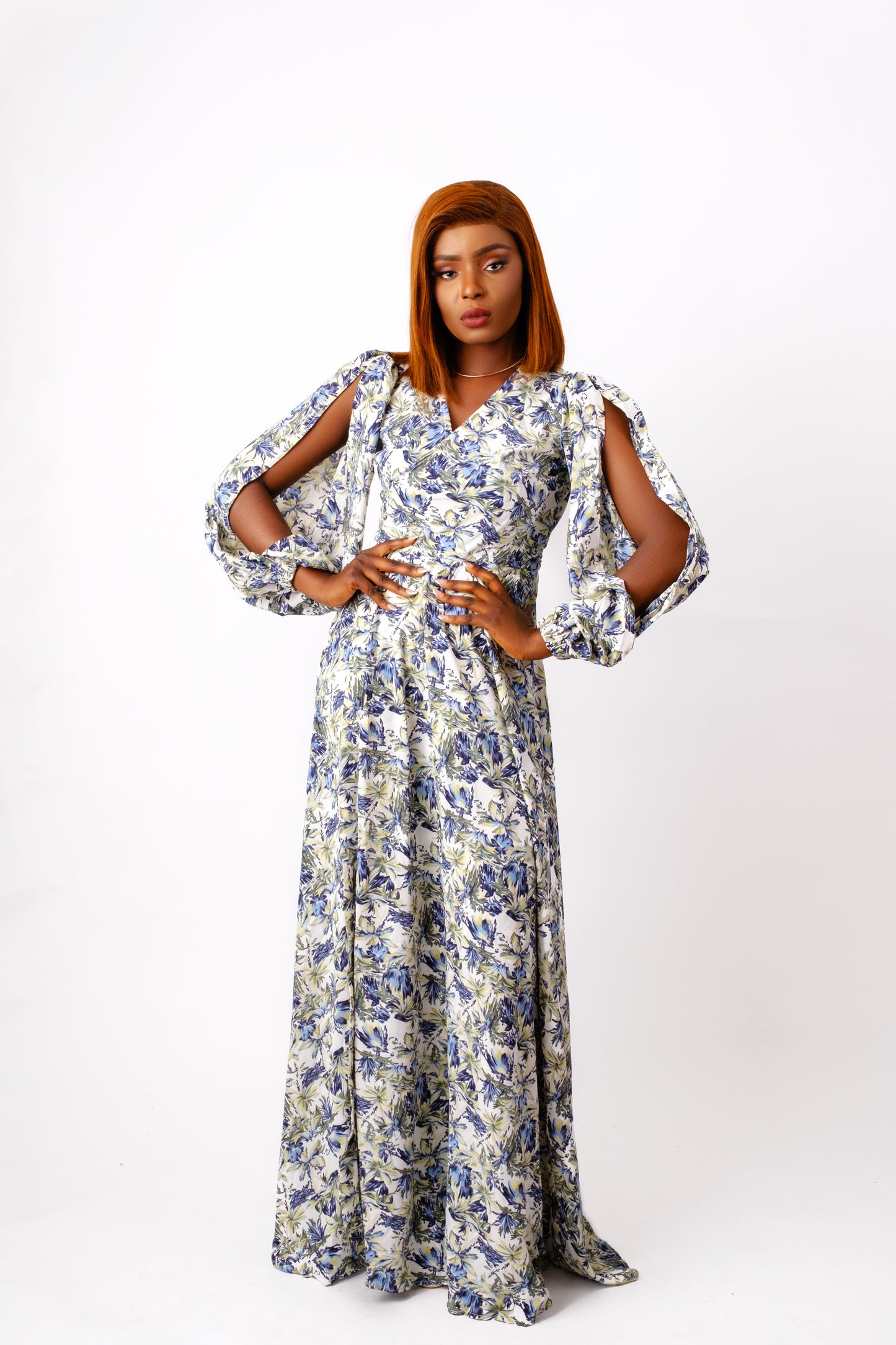 Blue chiffon floral long/maxi wrap dress featuring a V-neckline and long split sleeves.