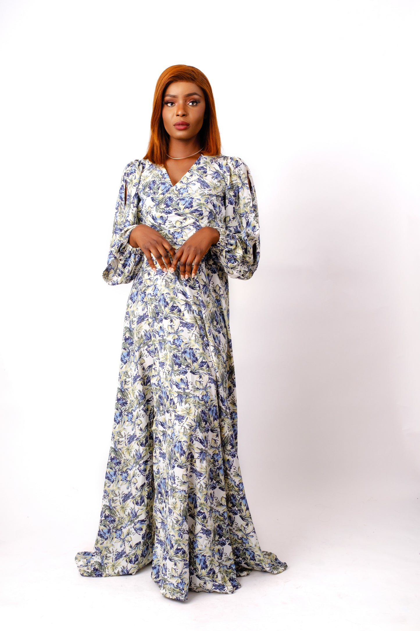 Blue chiffon floral long/maxi wrap dress featuring a V-neckline and long split sleeves.