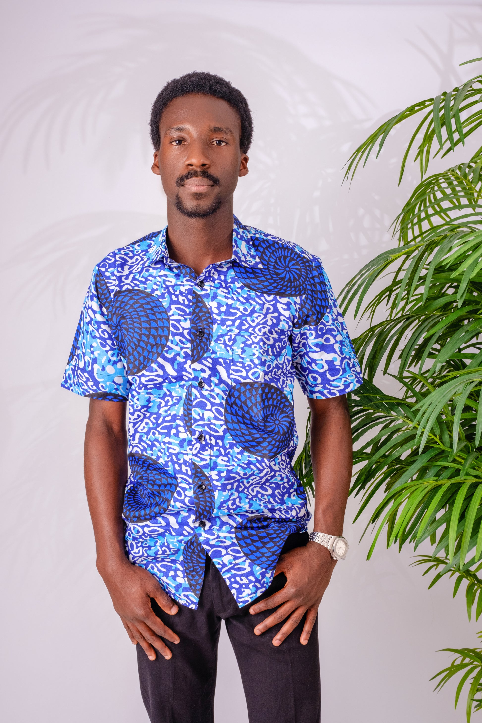 Blue African print (Ankara) short sleeves men's shirt 