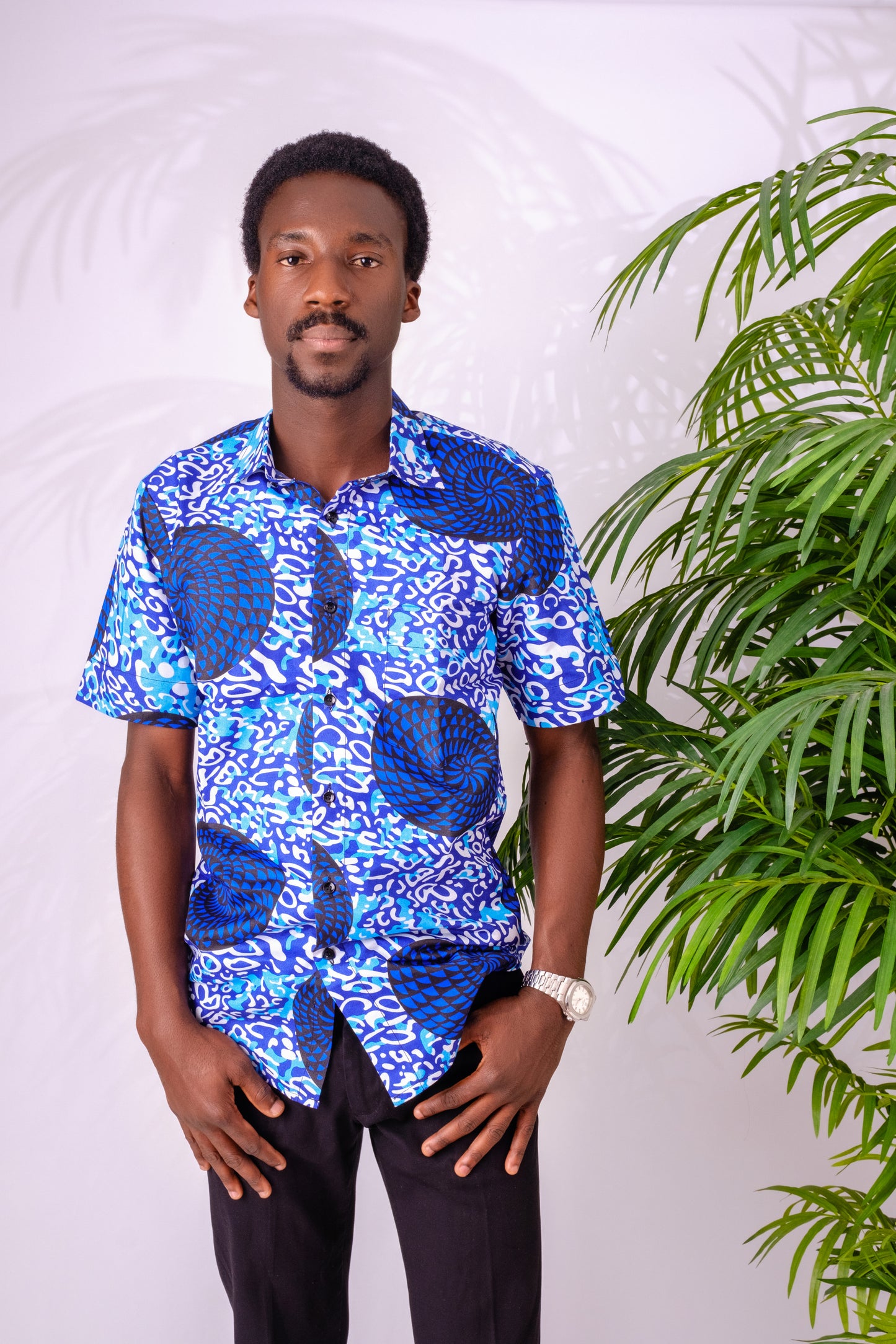 Blue African print (Ankara) short sleeves men's shirt 